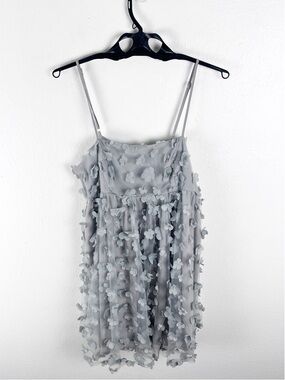 STORIA Gray Floral Appliqué Adjustable Spaghetti Straps Mini Dress Large Fairy
